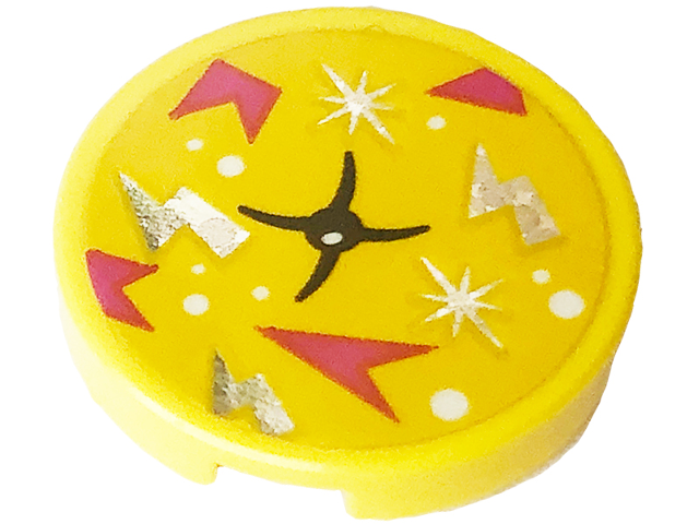 Lego Tile, Round 2 x 2 with Bottom Stud Holder with Cushion with Black Button, White Dots, Dark Pink Arrows, Holographic Stars and Lightning Bolts Pattern (Sticker) - Set 41708