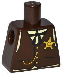 Lego Torso Western Sheriff Star Badge, Vest, Gold Chain, Black Tie Pattern / Dark Brown