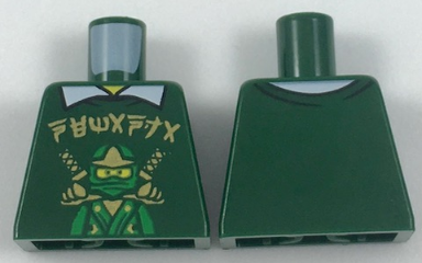 Lego Torso Sweater with Gold Ninjago Logogram 'NEMANJA' and Green Ninja Lloyd with Katanas over White Shirt with Collar, Yellow Neck Pattern / Dark Green