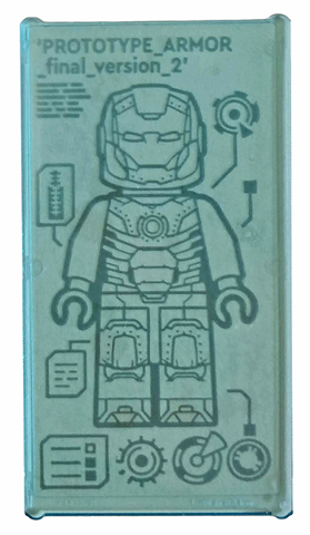 Lego Glass for Window 1 x 4 x 6 with Iron Man Armor 'PROTOTYPE_ARMOR _final_version_2' Pattern (Sticker) - Set 76167 / Trans-Light Blue
