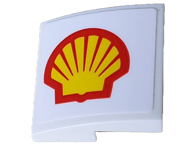 Lego Slope, Curved 2 x 2 x 2/3 with Red and Yellow Shell Logo Pattern Model Left Side (Sticker) - Set 10330 / White