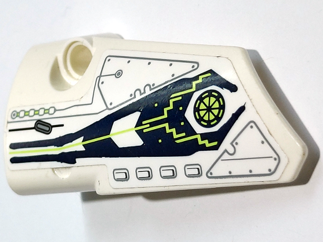 Lego Technic, Panel Fairing # 3 Small Smooth Long, Side A with Lime Lines on Dark Blue Background, Air Vents, Light Bluish Gray Circuitry and Hull Plates with Rivets Pattern (Sticker) - Set 71311 / White