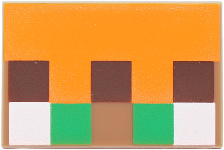 Lego Tile 2 x 3 with Green, White and Dark Brown Squares on Orange Background Pattern (Minecraft Baby Villager Face)