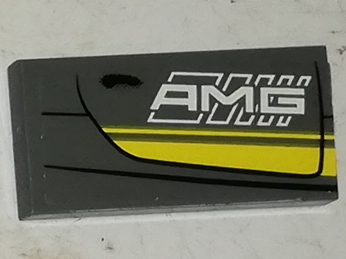 Lego Tile 2 x 4 with Double Yellow Stripes and White 'AMG' on Dark Bluish Gray Background Pattern Model Right Side (Sticker) - Set 75877 / Dark Bluish Gray
