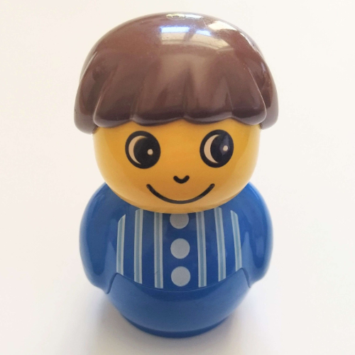 Lego Primo Figure Boy with Blue Base, Striped Shirt Print, Brown Hair / Blue
