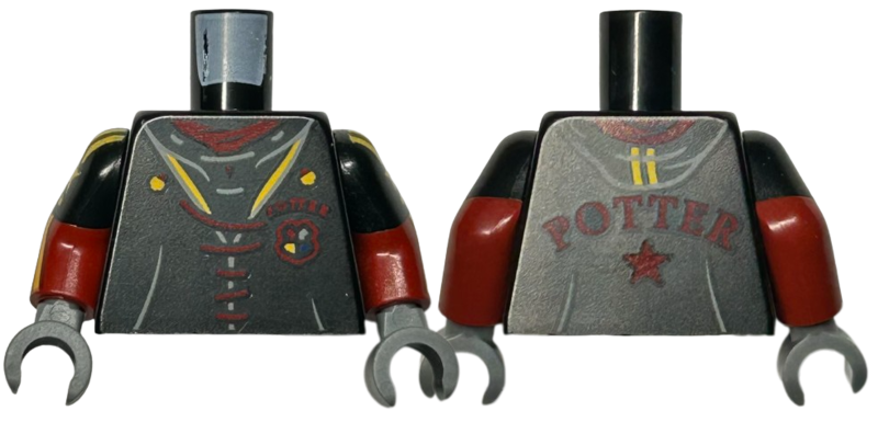 Lego Torso Jacket with Hogwarts Crest, Dark Red 'POTTER' and Laces, Bright Light Orange Trim Pattern / Dark Red Arms with Black Short Sleeves, Bright Light Orange Stars and Stripes Pattern / Dark Bluish Gray Hands