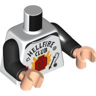 Lego Torso, Black 'HELLFIRE CLUB', Red Minifig Head, Orange Flames Print, Black Arms, Light Nougat Hands