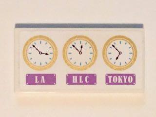 Lego Tile 2 x 4 with 3 Gold Clocks and 'LA', HLC' and 'TOKYO' Pattern (Sticker) - Set 41101 / White