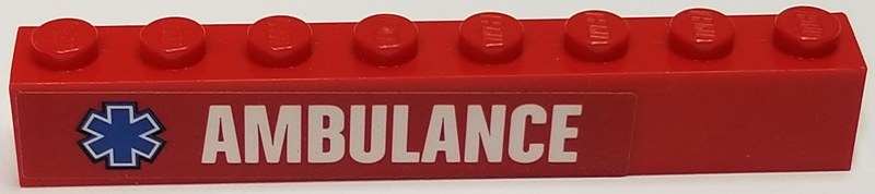 Lego Brick 1 x 8 with White 'AMBULANCE' and Blue Star Of Life Pattern Model Left Side (Sticker) - Set 60116