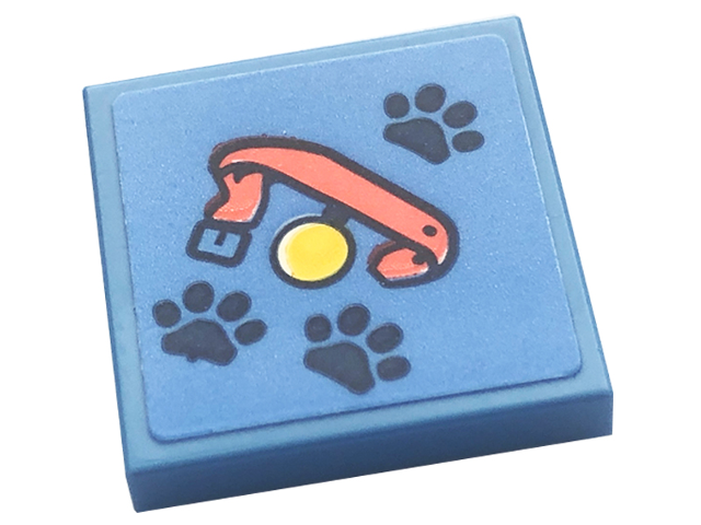 Lego Tile 2 x 2 with Dark Blue Paw Prints and Coral Dog Collar with Yellow Tag Pattern (Sticker) - Set 41738 / Medium Blue