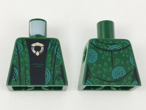 Lego Torso Female Robe with Green and Bright Light Blue Design, Black Shirt with Silver and Gold Brooch Pattern / Dark Green