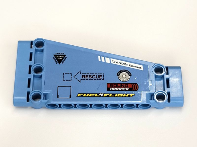 Lego Technic, Panel Plate 5 x 11 x 1 Tapered with 'FUEL4FLIGHT, 'SOUND BARRIER', 'LT M KOSSI KOSSMAN' and 'RESCUE'  Pattern Right (Sticker) - Set 42066 / Medium Blue
