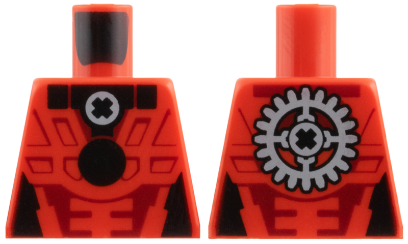 Lego Torso Black Collar, Circle, X in Light Bluish Gray Circle, Dark Red Panel Lines, Gear on Back Pattern / Red