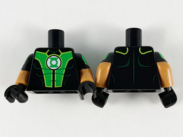 Lego Torso Bright Green Panels, Green Lantern Logo Pattern / Medium Nougat Arms with Black and Bright Green Short Sleeves Pattern / Black Hands
