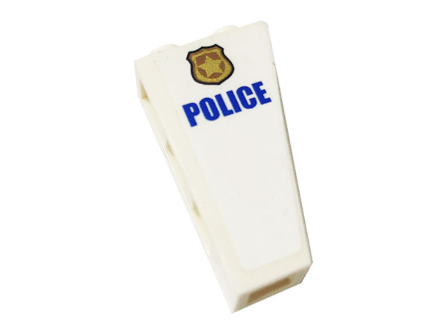 Lego Slope, Inverted 75 2 x 1 x 3 with Blue 'POLICE' and Gold Police Badge Pattern Model Left Side (Sticker) - Set 60141 / White