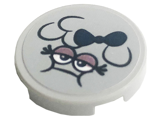 Lego Tile, Round 2 x 2 with Bottom Stud Holder with Face and Dark Blue Bow Pattern (Sticker) - Set 41256