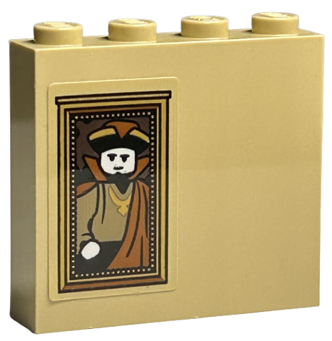 Lego Brick 1 x 4 x 3 with Picture of Wizard with Dark Orange Cape in Gold Frame Pattern (Sticker) - Set 40577 / Tan