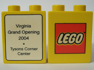 Lego Duplo, Brick 1 x 2 x 2 with The LEGO Store Virginia, Tysons Corner Center 2004 Pattern / Yellow