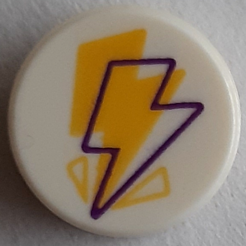 Lego Tile Round 1 x 1 with Yellow/Magenta Lightning Bolt Print / White