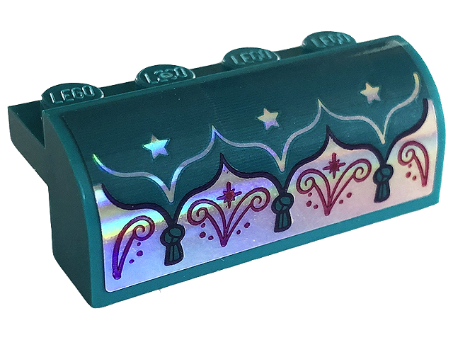 Lego Slope, Curved 2 x 4 x 1 1/3 with 4 Recessed Studs with Tied Curtain, Silver Stars and Magenta Scrollwork Pattern (Sticker) - Set 41687 / Dark Turquoise