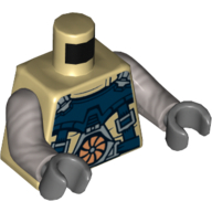 Lego Torso with Dark Blue Harness/Straps, Copper and Silver Turbine Print, Flat Silver Arms, Dark Bluish Gray Hands / Tan