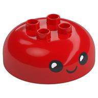 Lego Duplo Brick Round 4 x 4 Dome Top with 2 x 2 Studs with Black Face, Smiling Print / Red