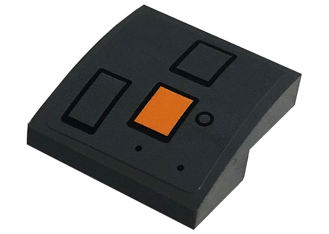 Lego Slope, Curved 2 x 2 x 2/3 with Orange Rectangle, Black Rectangles, Dots and Circle Pattern (Sticker) - Set 75306 / Dark Bluish Gray