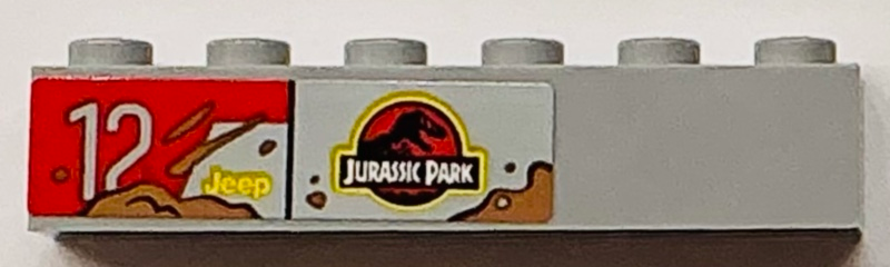 Lego Brick 1 x 6 with Jurassic Park and Jeep Logos, Medium Nougat Mud and '12' on Red Background Pattern Model Left Side (Sticker) - Set 76958