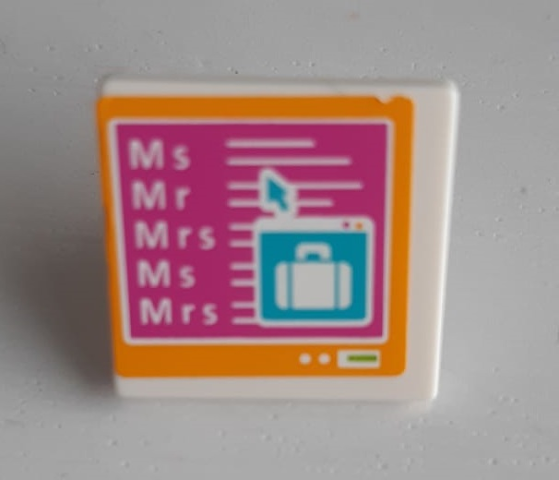 Lego Road Sign 2 x 2 Square with Open O Clip with Computer Screen, 'M s' 'M r' 'M r s', Luggage and Mouse Pointer Pattern (Sticker) - Set 41109