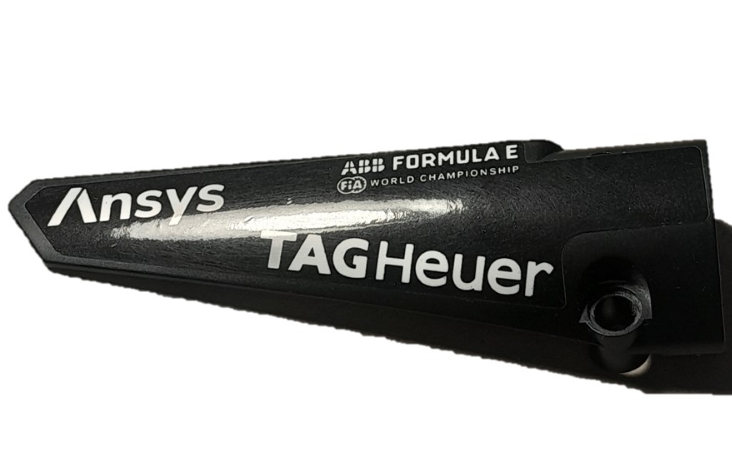 Lego Technic, Panel Fairing # 5 Long Smooth, Side A with White 'TAG Heuer', 'FIA WORLD CHAMPIONSHIP', Ansys, ABB and FORMULA E Logos Pattern (Sticker) - Set 42137 / Black