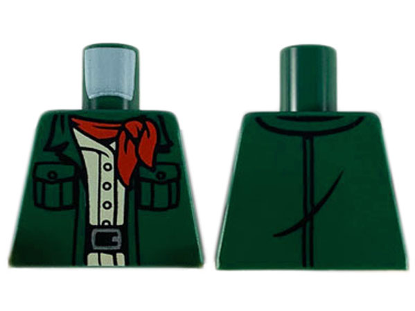 Lego Torso Jacket Open with Pockets over Tan Safari Shirt with Buttons, Black Belt with Silver Buckle, Red Neckerchief Scarf Pattern / Dark Green