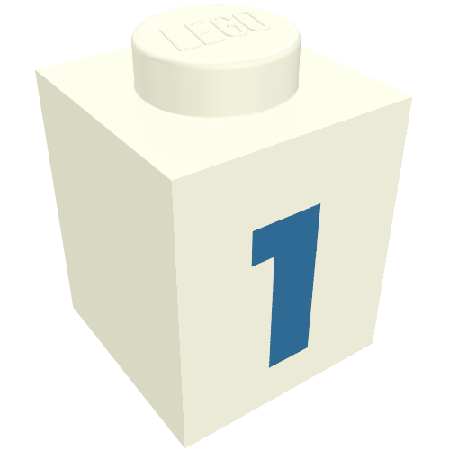 Lego Brick 1 x 1 with Blue '1' Print (Bold Font) / White
