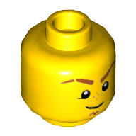 Lego Minifig Head Aaron, Dark Orange Eyebrows and Goatee, Freckles, Scars, Determined / Smile with Teeth, Eyes Closed Print / Yellow