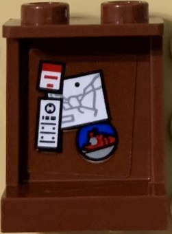 Lego Panel 1 x 2 x 2 with Side Supports - Hollow Studs with Tickets, Red Train and Light Bluish Gray Route Map on Reddish Brown Background Pattern (Sticker) - Set 71044