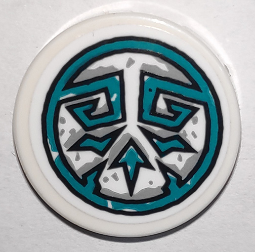 Lego Tile, Round 2 x 2 with Bottom Stud Holder with Dark Turquoise Tribal Symbol in Circle Pattern (Sticker) - Set 71747 / White