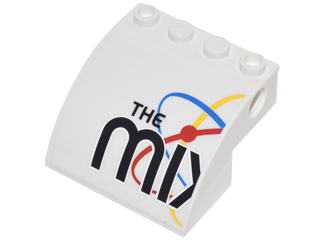 Lego Slope, Curved 4 x 4 x 2 with 4 Studs and Pin Holes with 'THE MIX', Blue, Red and Yellow Spinning Orbits Model Left Side Pattern (Sticker) - Set 10244 / White