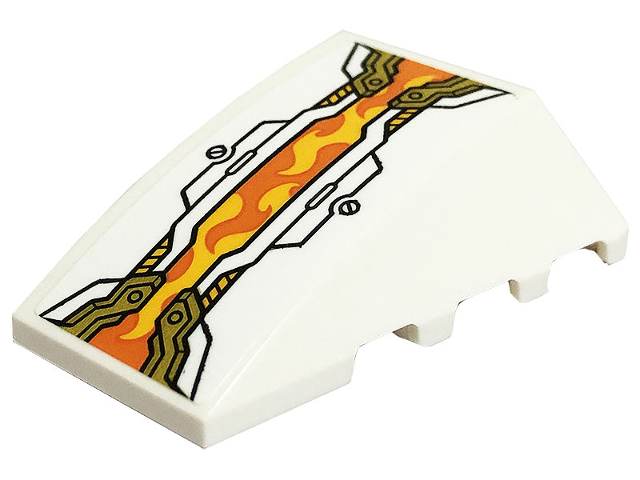 Lego Wedge 4 x 4 Triple Curved No Studs with Gold and White Armor Plates, Screws and Bright Light Orange and Orange Flames Pointing Down Pattern Model Back (Sticker) - Set 80034 / White