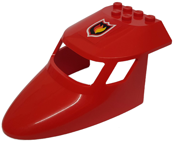 Lego Aircraft Fuselage Forward Top Curved 6 x 10 x 4 with 3 Window Panes with Fire Logo Pattern (Sticker) - Set 7206
