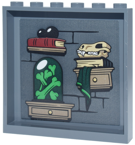 Lego Panel 1 x 6 x 5 with Black Brick Wall, Dark Tan Shelves and Drawers with Books, Skull and Jar of Bright Green Bones Pattern (Sticker) - Set 76471 / Dark Bluish Gray