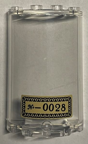 Lego Cylinder Half 2 x 4 x 5 with 1 x 2 Cutout with Black 'No-0028' Pattern (Sticker) - Set 76391 / Trans-Clear