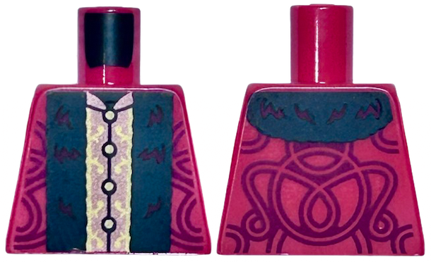 Lego Torso Robe with Copper and Gold Centre Panel and Buttons, Black Fur Hem and Dark Red Swirls Pattern / Red