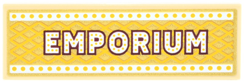 Lego Tile 2 x 6 with Sign with Gold Marquee Sign, Reddish Brown 'EMPORIUM', White Border with Yellow Dots and Diamond Lattice Background Pattern (Sticker) - Set 43302 / Tan