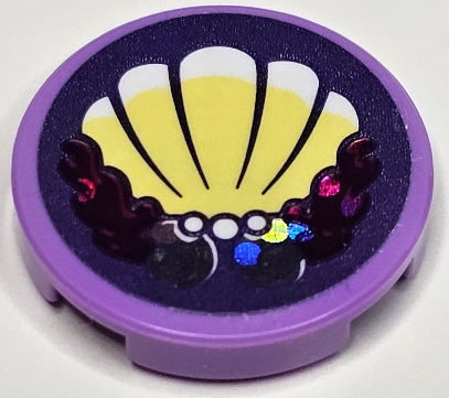 Lego Tile, Round 2 x 2 with Bottom Stud Holder with Bright Light Yellow Scallop Shell, White Pearls and Holographic Highlights on Dark Purple Background Pattern (Sticker) - Set 41162