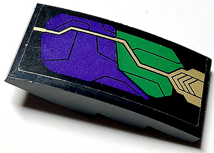 Lego Slope, Curved 4 x 2 with Dark Purple and Green Armor Plates and Gold Circuitry Pattern Model Right Side (Sticker) - Set 76097