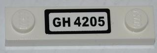 Lego Plate, Modified 1 x 4 with 2 Studs without Groove with 'GH 4205' Pattern (Sticker) - Set 4205 / White