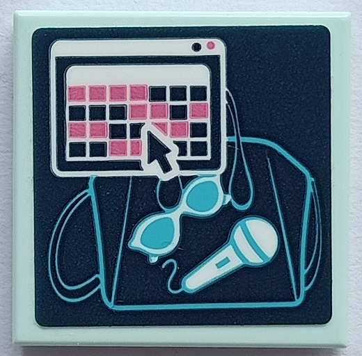Lego Tile 2 x 2 with Computer Screen with Cursor, Window with Dark Blue and Dark Pink Squares, Medium Azure X-Ray of Bag, Sunglasses and Microphone Pattern (Sticker) - Set 41429 / Light Aqua