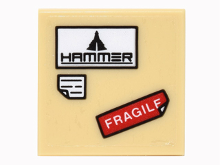 Lego Tile 2 x 2 with 'HAMMER' Logo, Red 'FRAGILE' and White Note with Bent Corner Pattern (Sticker) - Set 76051
