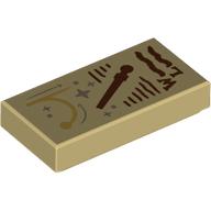 Lego Tile 1 x 2 with Dark brown Wand, Scribbles, 'W', 'L', Silver Stars Print / Tan