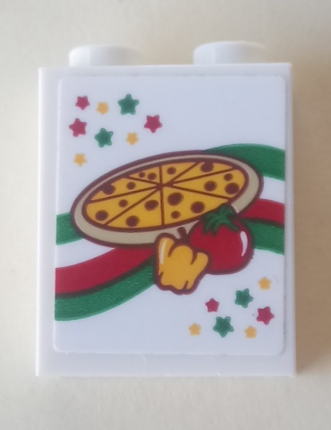 Lego Brick 1 x 2 x 2 with Inside Stud Holder with Stars, Pizza, Pepper and Tomato Pattern (Sticker) - Set 41311 / White