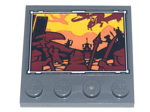Lego Tile, Modified 4 x 4 with Studs on Edge with Framed Painting of Battle Scene with Warriors and Dragon Pattern (Sticker) - Set 71741 / Dark Bluish Gray